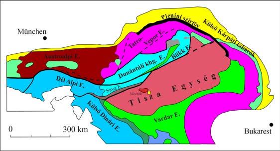 b) Dél-Magyarország mélyföldtani térképén FÜLÖP (1994) nyomán és