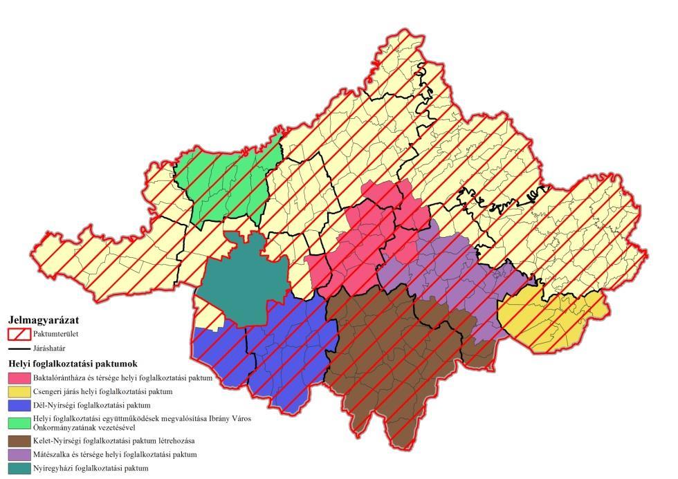 1. térkép: Szabolcs-Szatmár-Bereg megyei foglalkoztatási paktumok területi lehatárolása Forrás: saját szerk. Szabolcs-Szatmár-Bereg megye területén 2016.