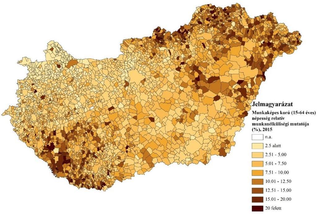 16. térkép: A munkaképes korú (15-64 éves) népesség relatív munkanélküliségi mutatójának területi koncentrációja Magyarország településein (%), 2015 Forrás:(TeIR) FH, KSH-TSTAR adatai alapján saját