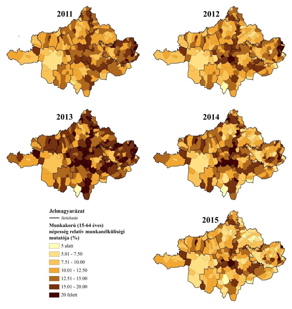 18. térkép: A munkaképes korú (15-64 éves) népesség relatív munkanélküliségi mutatójának területi koncentrációja Szabolcs-Szatmár-Bereg megyében 2011 és 2015 között Forrás:(TeIR) FH, KSH-TSTAR adatai