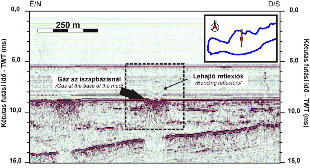 6.5. ábra: Sekély gáz jelenlétéhez kapcsolódó üledékrogyás(?) a Szigligeti-medence területén.