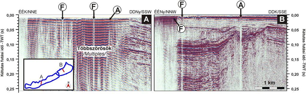 The three different gas levels and their co-existence in sediments of Lake Balaton based on a Seistec profile at the boundary of the Szemes and Szigliget basins (after Visnovitz et al., in press).