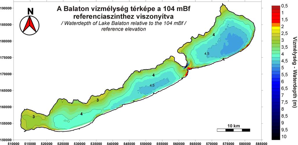 XI. melléklet 5.9. ábra: A Balaton vízmélység-térképe az 1997-2014 között végzett Seistec szelvényezések alapján. Referencia szint 104 mbf, a mélységkonverzióhoz használt sebesség v víz=1500 m/s.