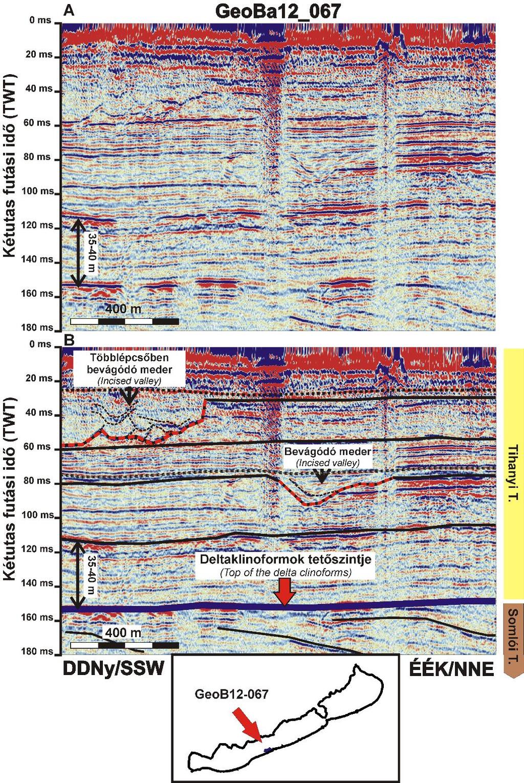 3.23. ábra: Az egykori deltasíkságba bevágódó medrek képe a Fonyód és Boglár között rögzített többcsatornás szeizmikus szelvényen (Visnovitz 2013 alapján) Figure 3.23. Incised valleys in the multichannel seismic profile between Fonyód and Boglár (After Visnovitz 2013) 3.