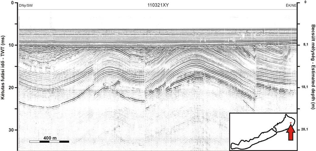 4.3 ábra: Ultranagy felbontású Seistec szelvény és értelmezése a Siófoki-medence keleti részéről, melyen egy, több vetőből (fekete vonalak) álló, néhány