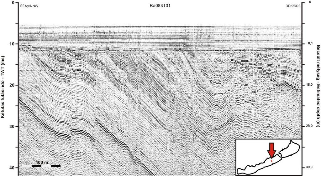 4.4. ábra: Ultranagy felbontású Seistec szelvény és értelmezése a Szemesi-medence középső részéről, melyen egy, több kilométer széles vetőzóna számos vetőszegmense (fekete vonalak)