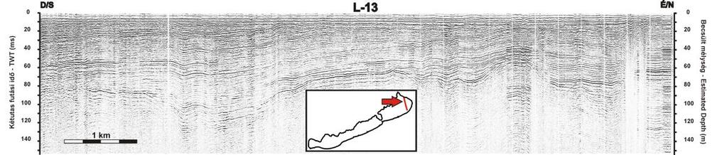4.7. ábra: Nagyfelbontású egycsatornás (olasz) szelvény és értelmezése a Siófoki-medencéből, ami jól mutatja a medence területére jellemző vetők elrendeződését és az akusztikus aljzat tagoltságát