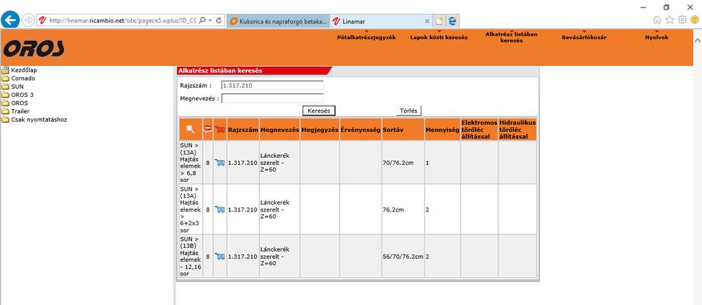 Az elérhető funkciók/the available functions Alkatrész listában keresés: Klikkeljen a nagyítóra, amely megmutatja a talált pótalkatrész lapokat.