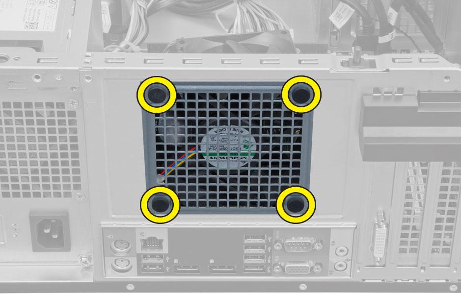 4. Fejtse le a ventilátort a négy rögzítőgyűrűről, amelyekkel a számítógép hátuljához kapcsolódik. A rendszerventilátor beszerelése 1. Helyezze be a ventilátort a számítógépházba. 2.