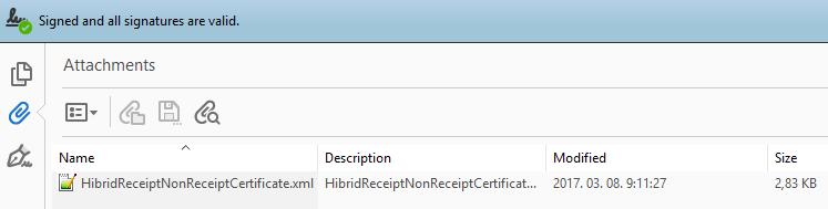 15. ábra: A legyártott papíralapú másolat esetén kibocsátott Hibrid igazolás beágyazott xml állománya A beágyazott HybridReceiptNonReceiptCertificate.xml állomány jellemző tartalma: <?xml version="1.