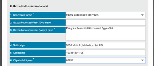 7. A II. pontban a szervezet adatait kell megadni, ill.