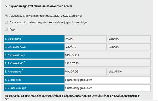 akkor kattintson az Azonos az I. helyen szereplő regisztrációt végző személlyel gombra.