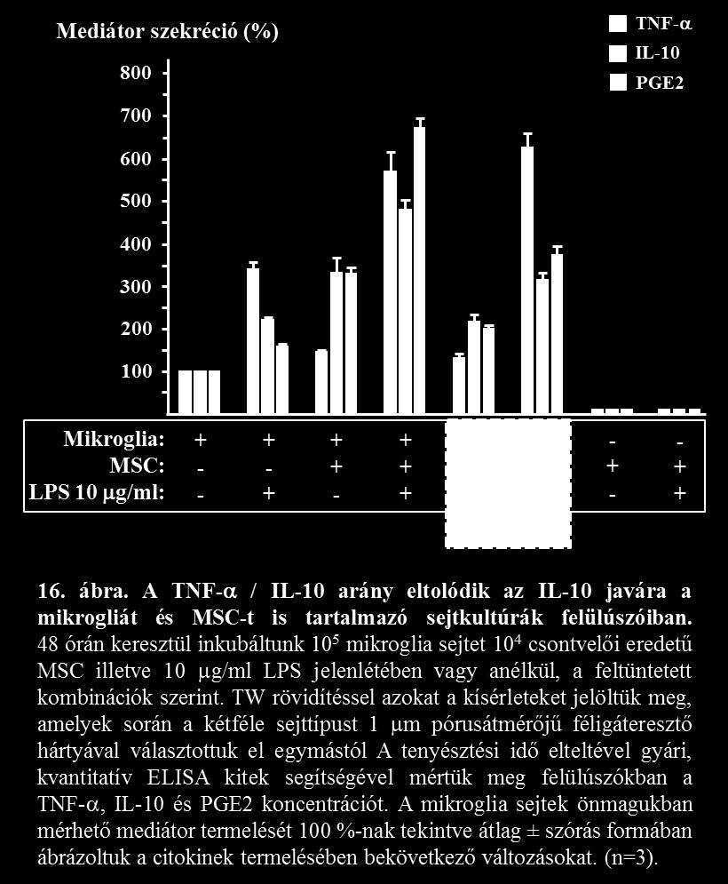 3.3 A mikroglia sejtek citokin termelése MSC-k jelenlétében A következőkben arra voltunk kíváncsiak, hogy endotoxin jelenléte miként befolyásolja az MSC-k mikroglia sejtek citokin termelésére