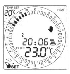 A és gombok segítségével állítsuk be a kívánt hőmérsékletet. Várjunk 5 másodpercet és a termosztát a következő idősávig ezt veszi figyelembe. 2.