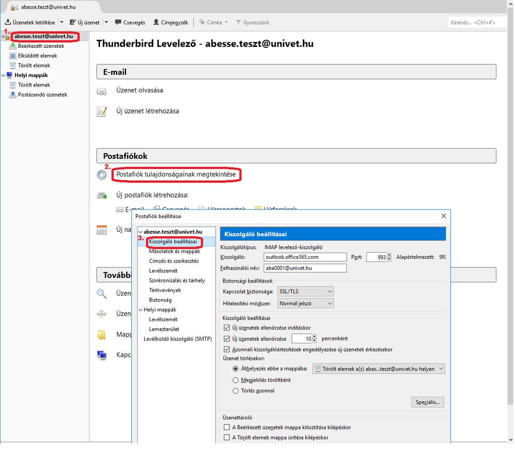 Postafiók beállításokat az alábbi adatokkal kell kitölteni. A felhasználói nevet user@univet.