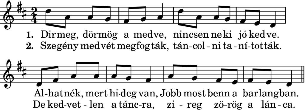 Dirmeg-dörmög a medve Kör közepén a bekötött szemű medve vele incselkedő gyerekeket próbál elkapni. A medvén kívül mindenki énekel. Anyák napja Hová mégy, te, kis nyúlacska? 2.