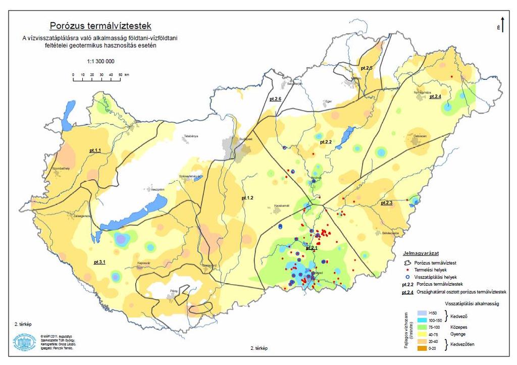 41. ábra Porózus víztestek A vízvisszatáplálásra való alkalmasság földtani-vízföldtani feltételei geotermikus hasznosítás esetén Az ugyanazon vízadó rétegbe történő visszatáplálások célja a