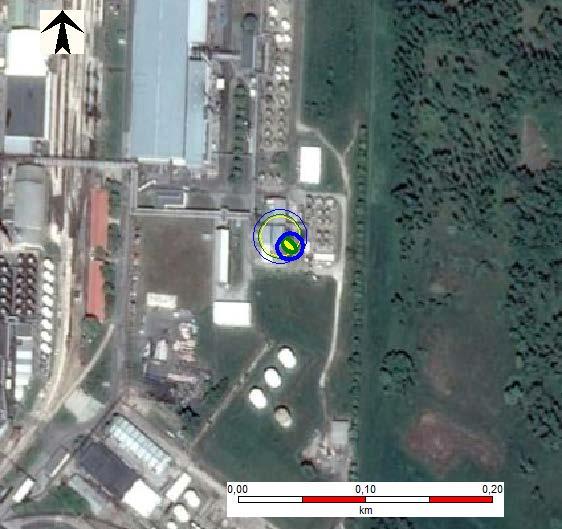 6.3.5.1.3.3. ábra A2 - Jettűz - hősugárzás 37,5 kw/m 2 - acélszerkezetek sérülése 17,5 kw/m 2 - a védőruhában való megközelítés határa 4,0 kw/m 2 másodfokú égési sérülések veszélye 20 s-nél tovább
