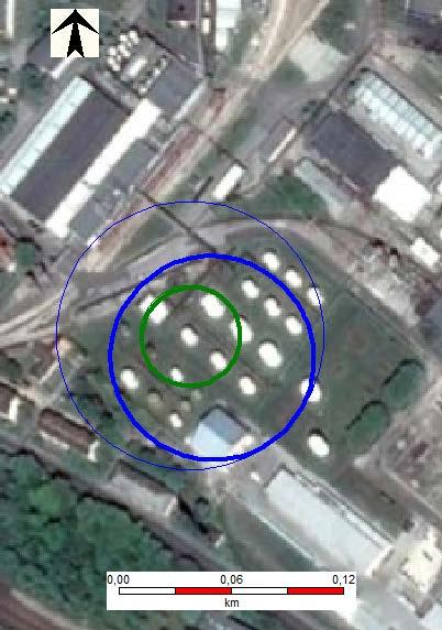 6.3.5.2.3.3. ábra B2 Azonnali tócsatűz hősugárzás 37,5 kw/m 2 - acélszerkezetek sérülése (nem éri el) 17,5 kw/m 2 - a védőruhában való megközelítés határa 4,0 kw/m 2 másodfokú égési sérülések