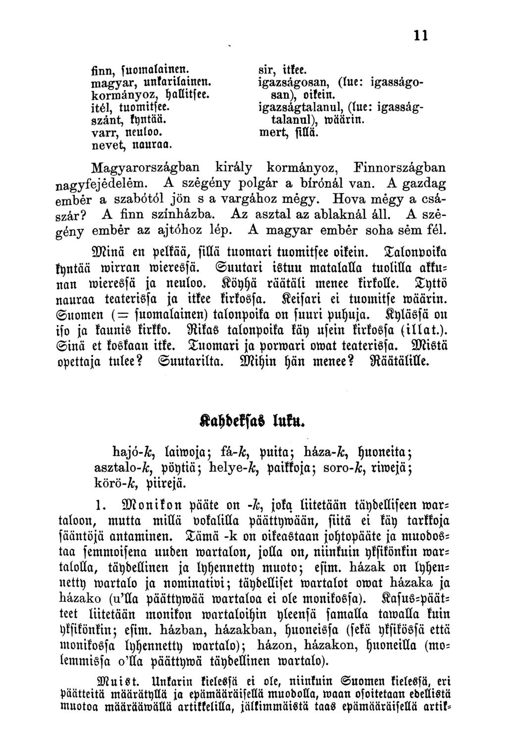sir, itkee. igazságosan, (lue: igasságo- san), oikein. igazságtalanul, (lue: igasság- talannl), möärtn. mert, fukä. finn, [uomalainen. magyar, unkarilainen. kormányoz, Ijallitsee. itél, tuomitsee.