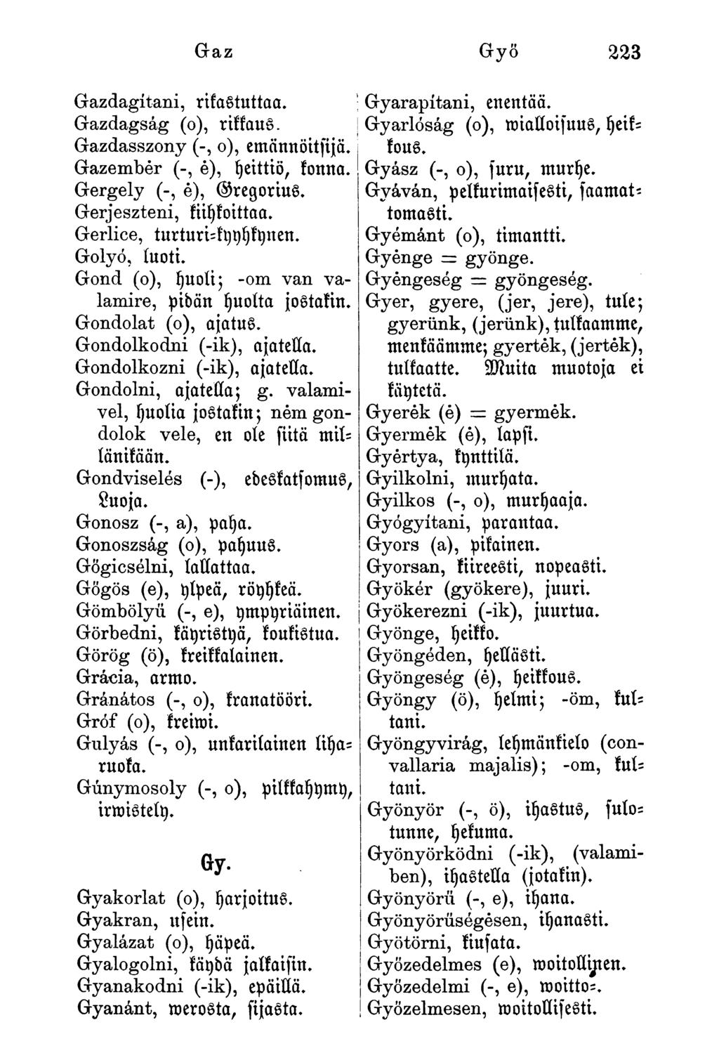 Graz Gyö 223 Gazdagítani, rikastuttaa. Gazdagság (o), riksaus. Gazdasszony (-, o), emännöitfijä. Gazember (-, é), yeittiö, konna. Gergely (-, é), regorius. Gerjeszteni, kiitykoittaa.
