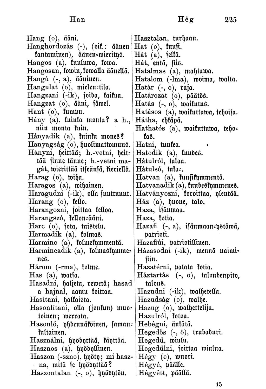 Han Hég 225 Hang (o), ääni. Hanghordozás (-), (oik.: äänen kantaminen), äänen-mieritys. Hangos (a), kuuluma, koma. Hangosan, komin, komalla äänellä. Hangú (-, a), ääninen. Hangulat (o), mielentila.