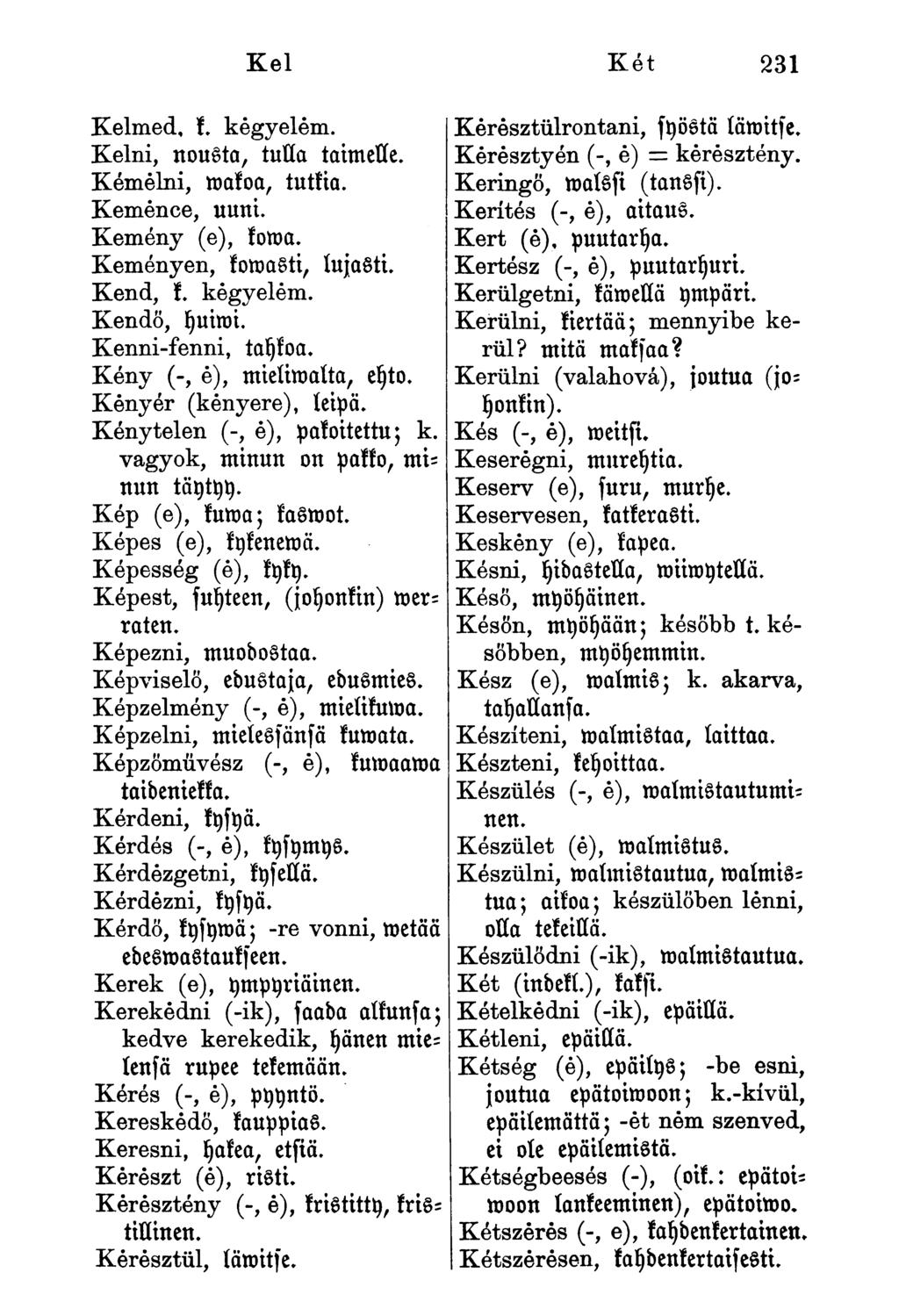 Kel Két 231 Kelmed, k. kegyelem. Kelni, nousta, tulla taimelle. Kémélni, roakoa, tutkia. Kemence, uuni. Kemény (e), koma. Keményen, komosti, lujasti. Kend, k. kegyelem. Kendő, yuiroi.
