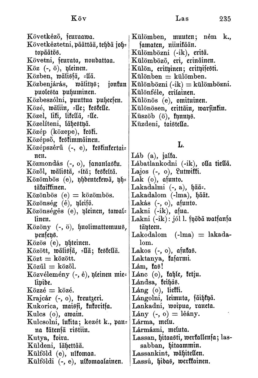 Köv Las 235 Következő, seuraama. Következtetni, päättää, teydä joytopäätös. Követni, feurnta, noudattaa. Köz (-, ö), yleinen. Közben, roälissä, -Ea. Közbenjárás, mälitys; jonkun puolesta puyuminen.