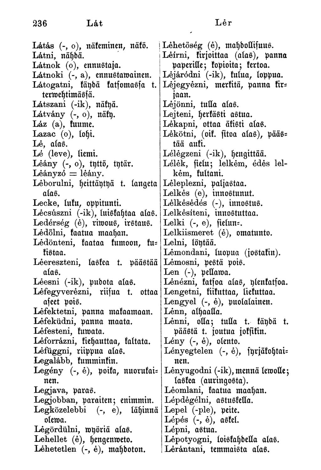 236 Lát Lér Látás (-, o), näkeminen, näkö. Látni, näydä. Látnók (o), ennustaja, Látnoki (-, a), ennustnmainen. Látogatni, käydä katfomassa t, termeytimässä. Látszani (-ik), näkyä.