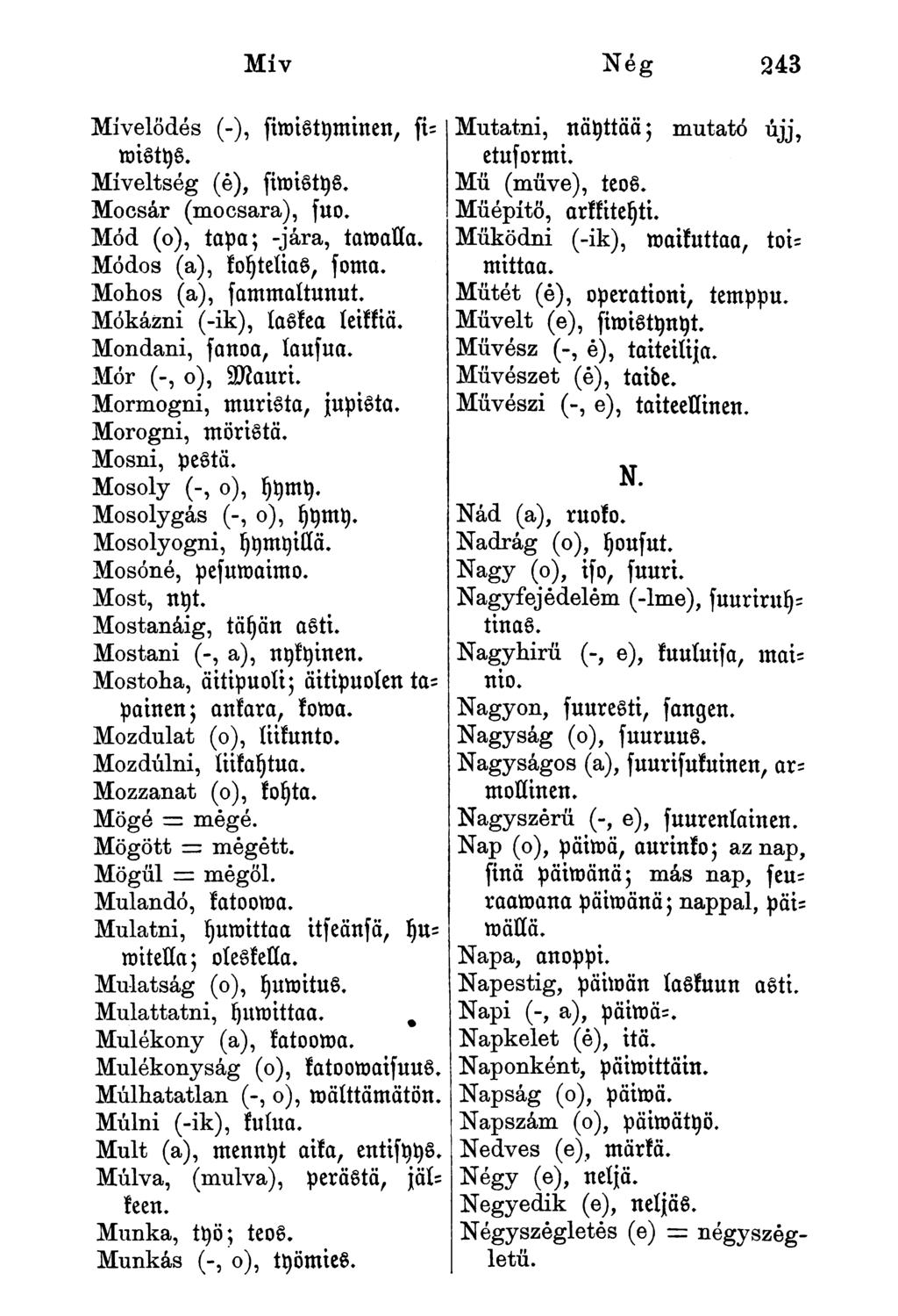 Miv Nég 243 Mívelödés (-), fimistyminen, fimistys. Míveltség (é), fimistys. Mocsár (mocsara), fuo. Mód (o), tapa; -jára, tumalla. Módos (a), koyteíias, f oma. Mohos (a), fammaltunut.