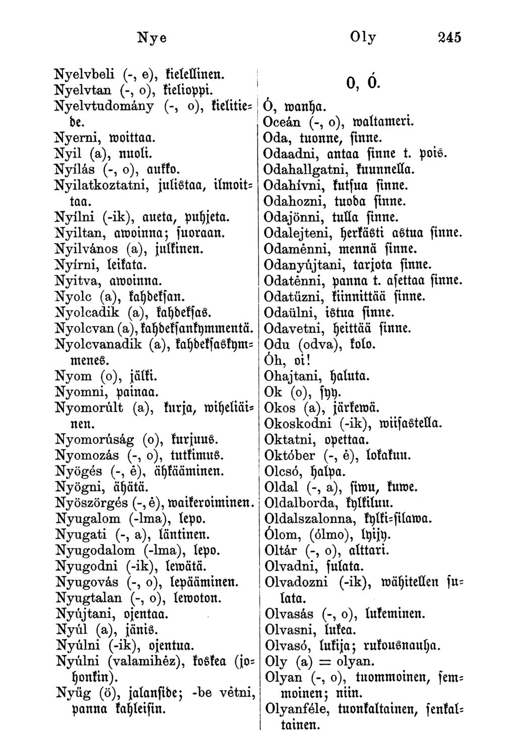 Nye Oly 245 Nyelvbeli (-, e), kielellinen. Nyelvtan (-, o), kielioppi. Nyelvtudomány (-, o), kielitiede. Nyerni, moittaa. Nyil (a), nuoli. Nyilas (-, o), aukko. Nyilatkoztatni, julistaa, ilmoittaa.