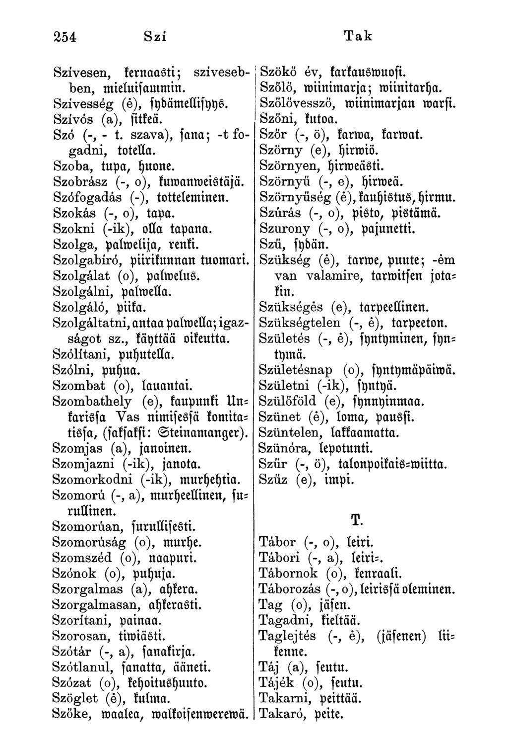 Szívesen, kernaasti; szívesebben, mieíuisammin. Szívesség (é), sydamellisyys. Szívós (a), fitkeä. Szó (-, - t. szava), sana; -t fogadni, totella. Szoba, tupa, yuone. Szobrász (-, o), kumanmeistäjä.