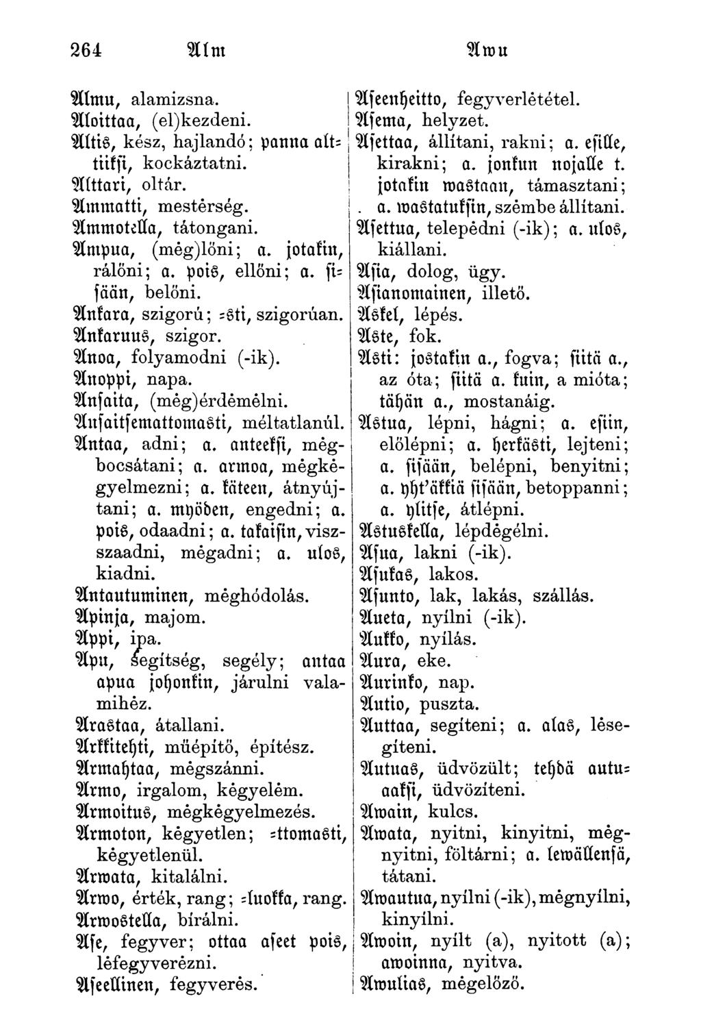 264 Alm Arou Almu, alamizsna. Afeenyeitto, fegyverlététel. Aloittaa, (el)kezdeni. Afema, helyzet. Altis, kész, hajlandó; panna atttiiksi, kockáztatni. kirakni; a. jonkun nojalle t.