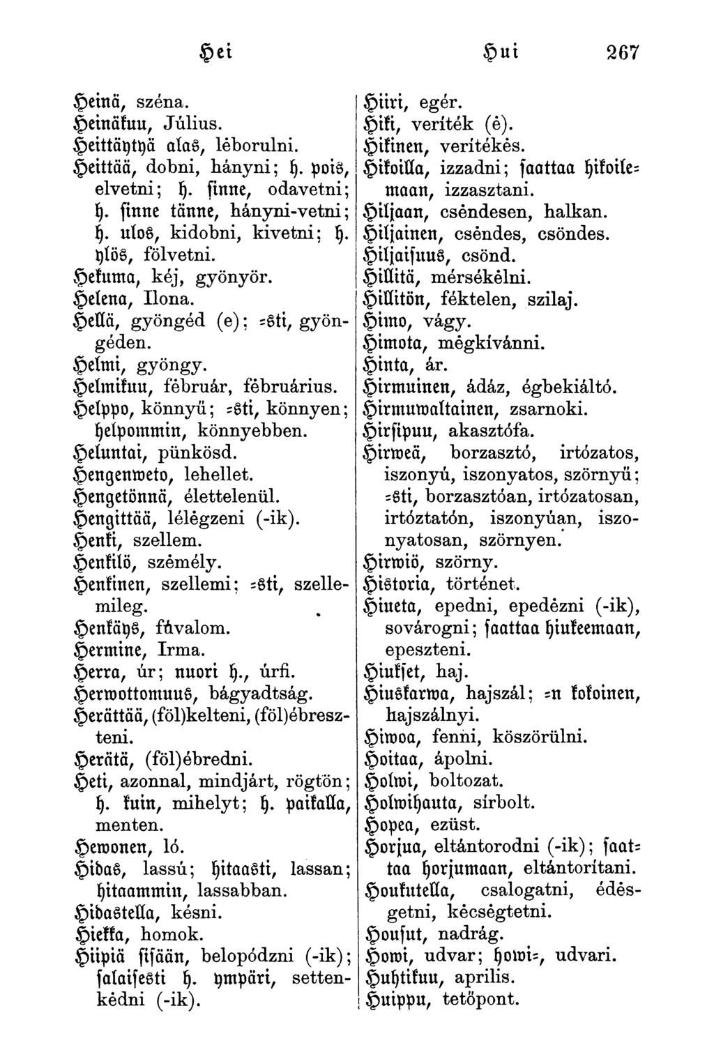 ei ui 267 Hemä, széna, Hiiri, egér. Heinäkuu, Julius, Hisi, veríték (é). heittäytyä alas, leborulni, Hikinen, verítékés. Heittää, dobni, bányni; y.