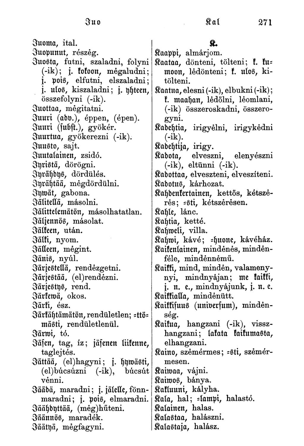 Juoma, ital. Juopunut, részeg. Juosta, futni, szaladni, folyni (-ik); j. kokoon, mégaludni; }. pois, elfutni, elszaladni; j. ulos, kiszaladni; j. yyteen, összefolyni (-ik). Juottaa, mégitatni.