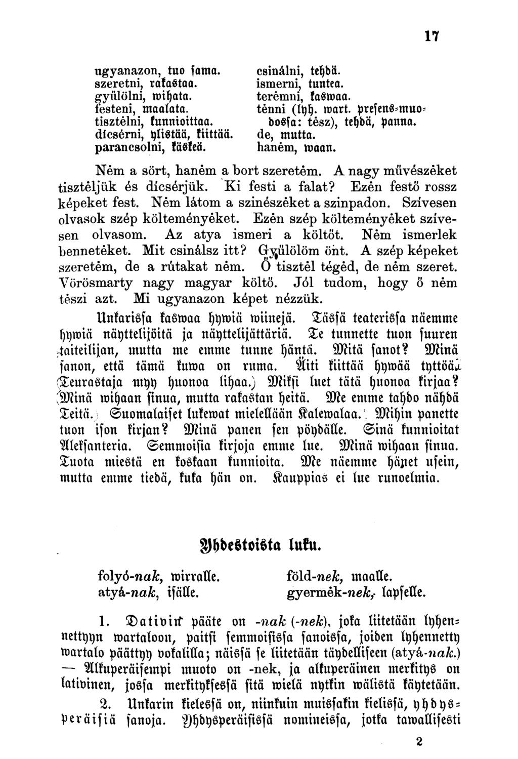ugyanazon, tuo fama. szeretni, rakastaa. gyűlölni, wihata. festeni, maalata, tisztelni, kunnioittaa, dicsérni, ylistää, kiittää. parancsolni, käskeä. csinálni, tehdä. ismerni, tunteo. teremni, kaswaa.