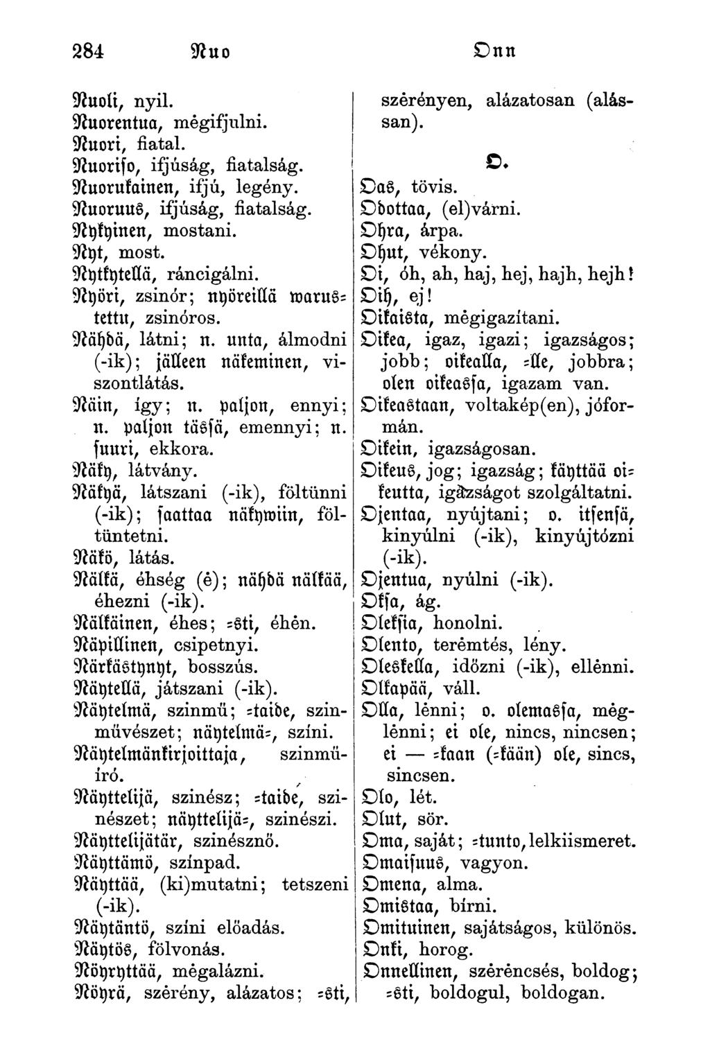 Nuoli, nyil. Nuorentua, mégisjulni. Nuori, fiatal. Nuoriso, isjúság, fiatalság. Nuorukainen, isjú, legény. Nuoruus, isjúság, fiatalság. Nykyinen, mostani. Nyt, most. Nytkytella, ráncigálni.