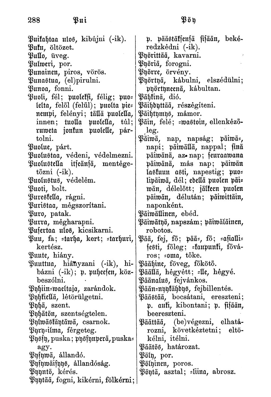 Puikaytaa ulos, kibújni (-ik). Puku, öltözet. Pullo, üveg. Puímeri, por. Punainen, piros, vörös. Punastua, (el)pirulni. Punoa, fonni.