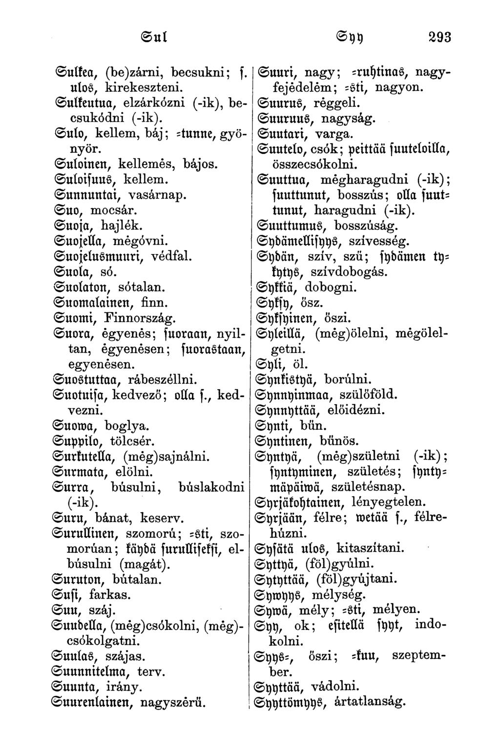Sulkea, (be)zárni, becsukni; f, ulos, kirekeszteni. Sulkeutua, elzárkózni (-ik), becsukódni (-ik). Sulo, kellem, báj; -tunne, gyönyör. Suloinen, kellemes, bájos. SuíoisuuS, kellem.