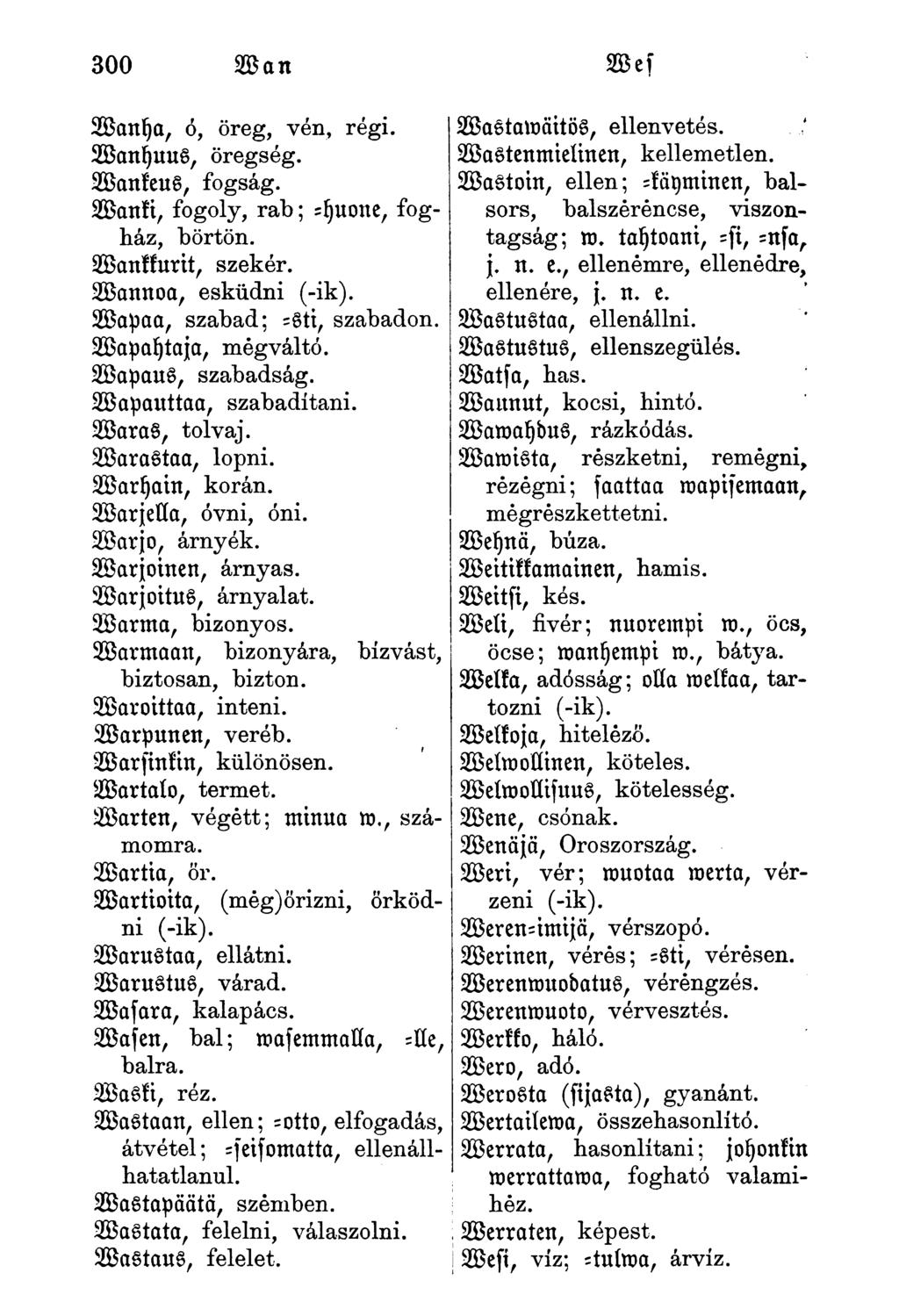 Wauya, ó, öreg, vén, régi. WaStamäitöS, ellenvetés. WanyuuS, öregség. 28aStenmielinen, kellemetlen. WankeuS, fogság.
