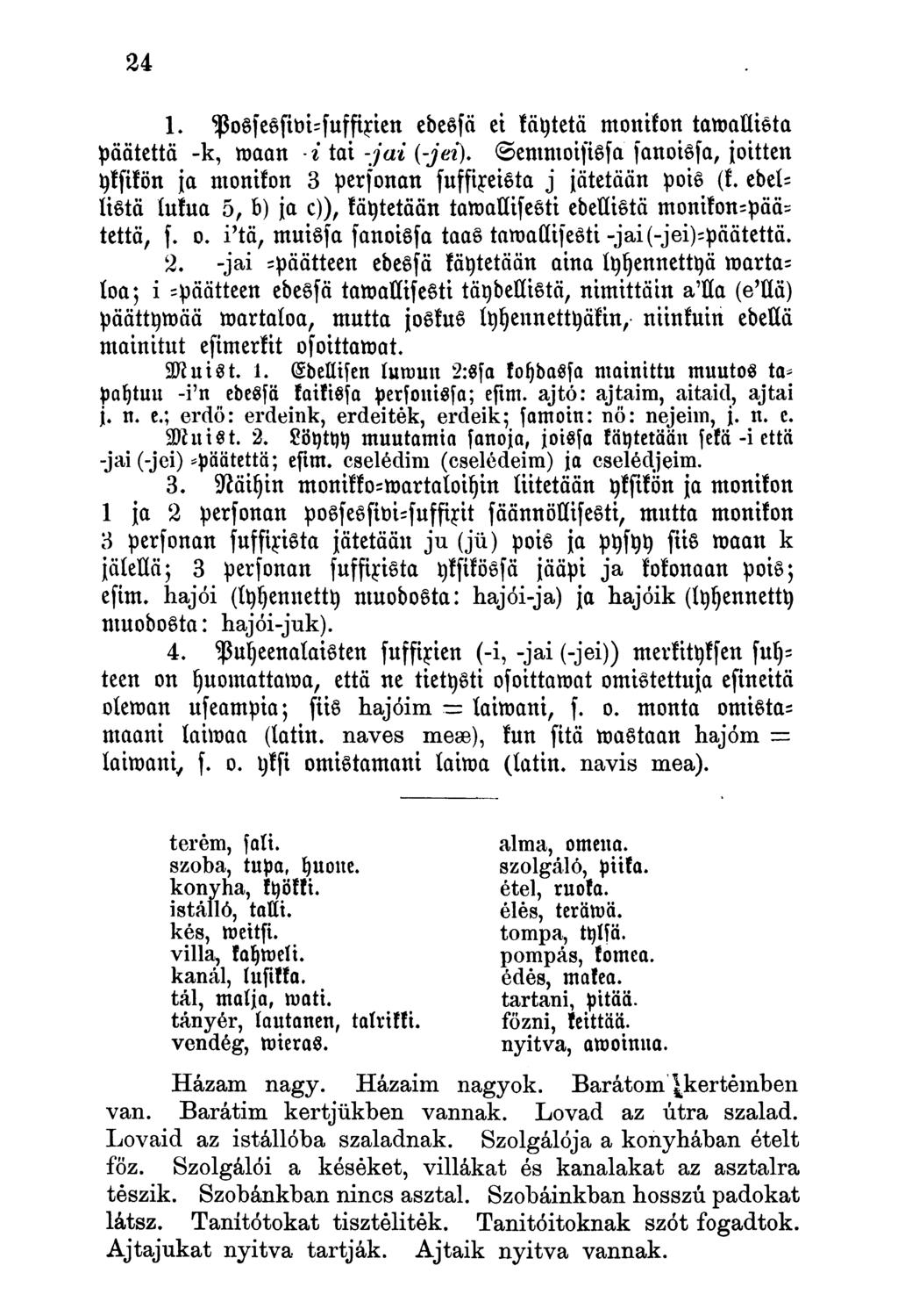 1. Possessivi-fuffirien edessä ei käytetä monikon tumallista päätettä -k, waan i tai -jai (-jei). Semmoisissa fanoissa, joitten yksikön ja monikon 3 personan fuffireista j jätetään pois (k.