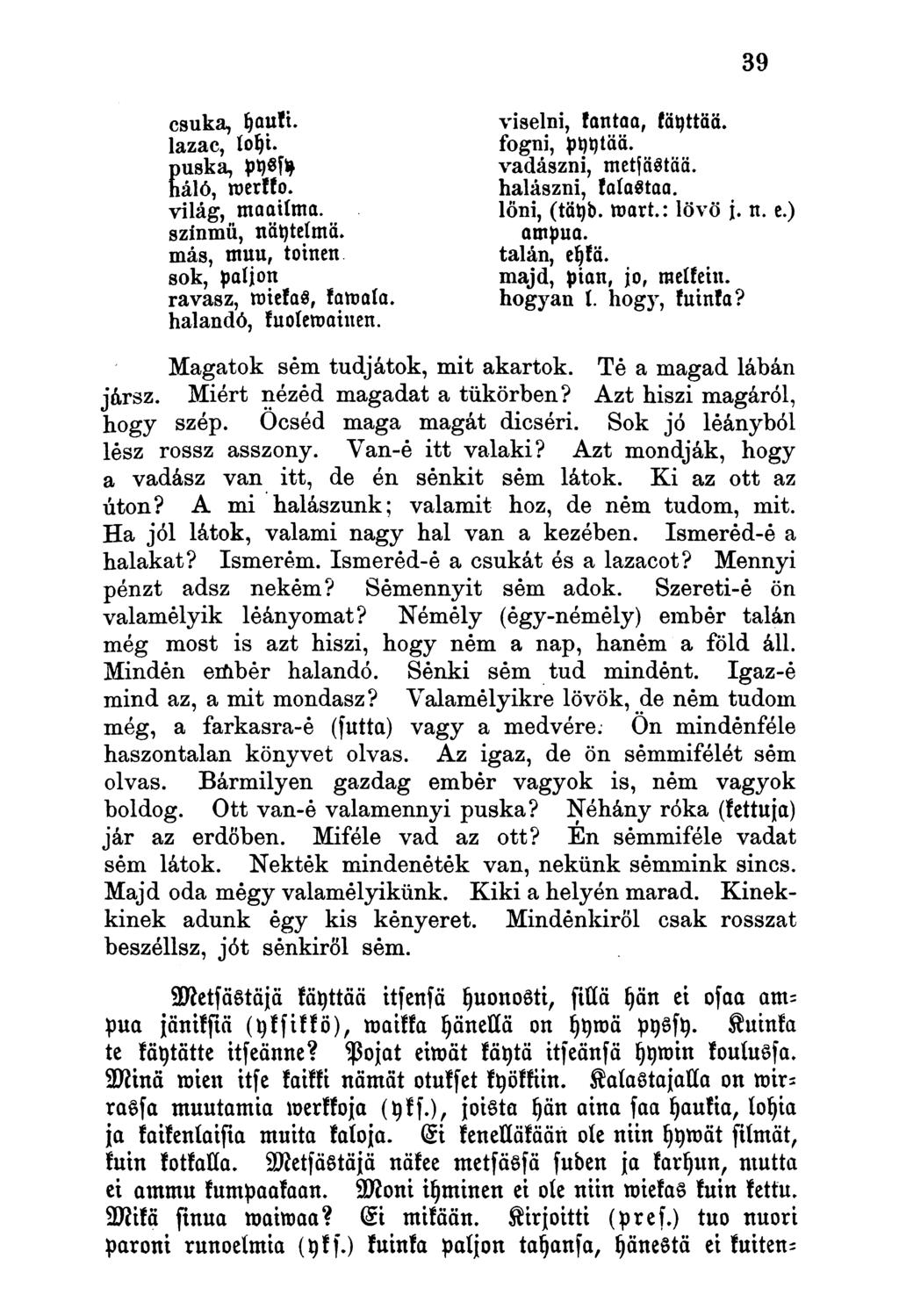 csuka, fjaukt. viselői, kantaa, käyttää. lazac, lohi. fogni, pyytää. puska, pyssy vadászni, metfästää. háló, merkko. halászni, kalastaa. világ, maailma. löni, (täyb. mart.: lövő j. n. e.