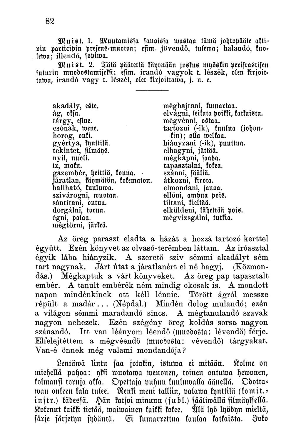 Muist. 1. SDÍuutamissa fanoissa mastoa tämä johtopääte akti* vin parttciptn prefcns^muotoa; esim. jövendő, tulema; halandó, kuo* lewa; illendő, fopima. Muist. 2.