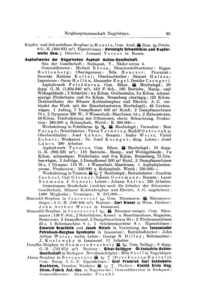 Kupfer- und Schwefelkies-Borgbau in R o s s i a. Com. Arad, gg Zám, Sfo Petris, 8 G.-M. (300.931 m 2 ). Kigenthiimer : Vereinigte Schwefelkies und Kupferwerks Gew. ; Director: Armand Veress in Rossia.