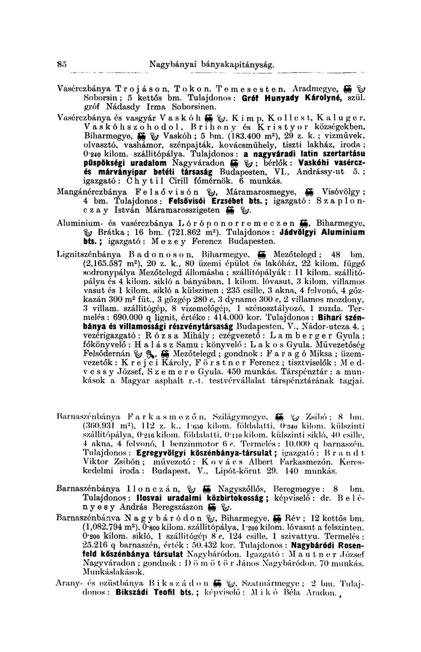 85 Nagybányai bányakapitányság. Vasérczbánya T r o j á s o n, Tokon, T e m e s e s t e n, Aradmegye, gg Soborsin; 5 kettős bm. Tulajdonos: Gróf Hunyady Károlyné, szül. gróf Nádasdy Irma Soborsinen.