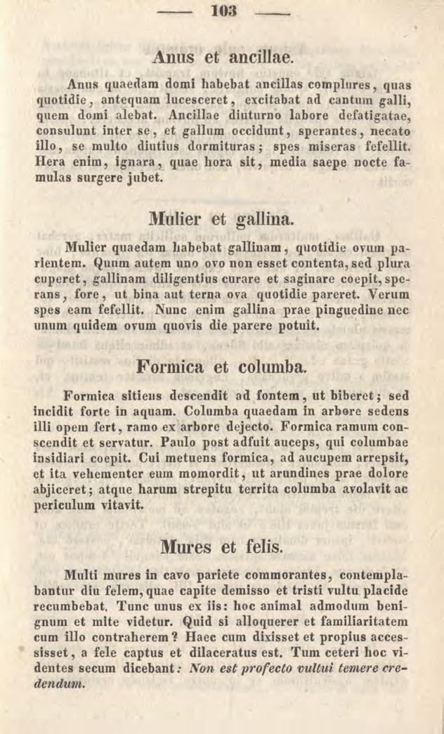 103 Anus et ancillae. Anus quaedam domi habebat ancillas complures, quas quotidie, antequam lucesceret, excitabat ad cantum galli, quem domi alebat.