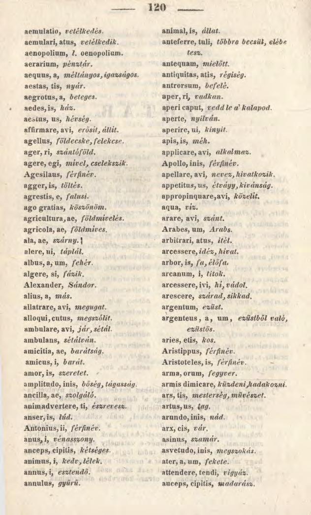 120 aemulatio, vetélkedés. aemulari, atus, vetélkedik. aenopolium, l. oenopolium. aerarium, pénztár. aequus, a, méltányos, igazságos. aestas, tis, nyár. aegrotus, a, beteges. aedes,is, ház.