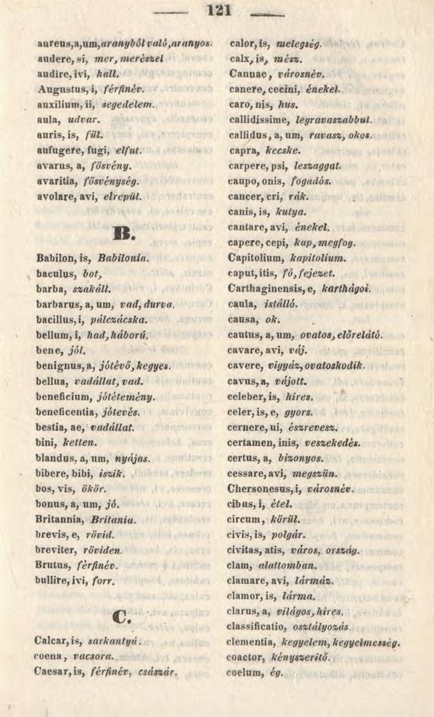 121 aureus,a,um,aranyból való,aranyos. audere, si, mer, mérésnél audire, ivi, hall. Augustus, i, férfinév. auxilium, ii, segedelem. aula, udvar. auris, is, fül. aufugere, fugi, elfut.