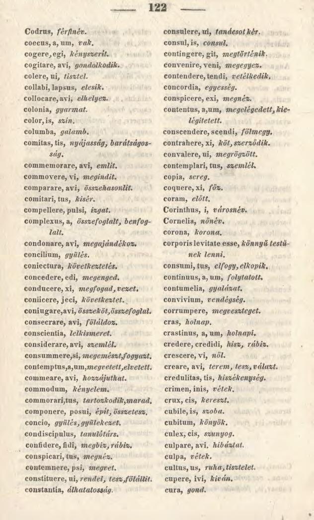 122 Codrus, férfinév. coecus, a, um, vak, cogere,egi, kényszerít. cogitare, avi, gondolkodik. colere, ui, tisztel. collabi, lapsus, elesik. collocare, avi, elhelyez. colonia, gyarmat. color, is, szín.