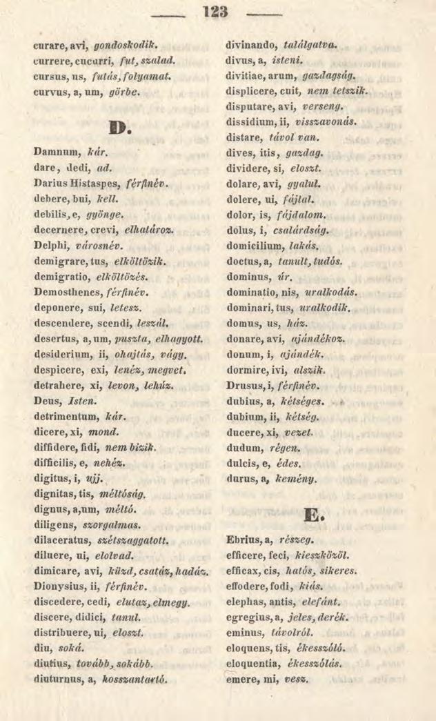 123 curare, avi, gondoskodik. currere, cucurri, fut, szalad. cursus, us, futás, folyamat. curvus, a, um, görbe. D. Damnum, kár. dare, dedi, ad. Darius Histaspes, férfinép. debere, búi, kell.